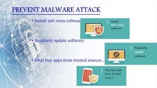 PREVENT MALWARE ATTACK
• Install anti virus software
• Regularly update software
• Only buy apps from trusted sources .
 
