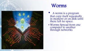 Worms
• A worm is a program
that copy itself repeatedly
in memory or on disk until
there left no space.
• Worms Spread from one
computer to another
through networks.
 