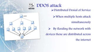 DDOS attack
Distributed Denial of Service
When multiple hosts attack
simultaneously
 By flooding the network with
devices those are distributed across
the internet
 