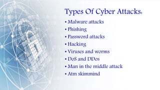 Types Of Cyber Attacks:
• Malware attacks
• Phishing
• Password attacks
• Hacking
• Viruses and worms
• DoS and DDos
• Man in the middle attack
• Atm skimmind
 