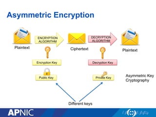 Asymmetric Encryption
Plaintext
ENCRYPTION
ALGORITHM
DECRYPTION
ALGORITHM
Ciphertext Plaintext
Encryption Key Decryption Key
Public Key Private Key
Asymmetric Key
Cryptography
Different keys
 