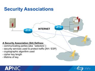 Security Associations
INTERNET
A Security Association (SA) Defines:
- communicating parties [aka ‘selectors’]
- security services used to protect traffic [AH / ESP]
- cryptographic algorithm used
- cipher key length
- lifetime of key
 