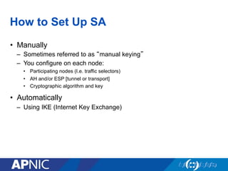 How to Set Up SA
•  Manually
–  Sometimes referred to as “manual keying”
–  You configure on each node:
•  Participating nodes (I.e. traffic selectors)
•  AH and/or ESP [tunnel or transport]
•  Cryptographic algorithm and key
•  Automatically
–  Using IKE (Internet Key Exchange)
 