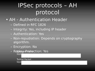 IPSec protocols – AH
protocol
• AH - Authentication Header
– Defined in RFC 1826
– Integrity: Yes, including IP header
– Authentication: Yes
– Non-repudiation: Depends on cryptography
algorithm.
– Encryption: No
– Replay Protection: Yes
IP HeaderAH Header Payload (TCP, UDP, etc)
IP HeaderAH Header Payload (TCP. UDP,etc)
IP Header
Transport Packet
layout
Tunnel Packet
layout
 