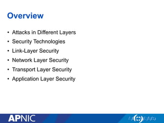 Overview
•  Attacks in Different Layers
•  Security Technologies
•  Link-Layer Security
•  Network Layer Security
•  Transport Layer Security
•  Application Layer Security
 