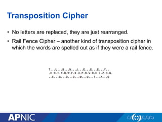 Transposition Cipher
•  No letters are replaced, they are just rearranged.
•  Rail Fence Cipher – another kind of transposition cipher in
which the words are spelled out as if they were a rail fence.
 