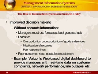 •
11 © Prentice Hall 2011
Improved decision making
– Without accurateinformation:
• Managers must useforecasts, best guesses,luck
• Leads to:
– Overproduction, underproduction of goods andservices
– Misallocation of resources
– Poor response times
• Poor outcomes raise costs, lose customers
– Example: Verizon’s Web-based digital dashboard to
provide managers with real-time data on customer
complaints, network performance,line outages, etc.
ManagementInformation Systems
CHAPTER1: INFORMATIONIN BUSINESSSYSTEMSTODA
Y
TheRoleofInformationSystemsinBusiness Today
 