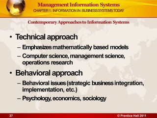ManagementInformation Systems
CHAPTER1: INFORMATIONIN BUSINESSSYSTEMSTODA
Y
ContemporaryApproachesto Information Systems
• Technical approach
– Emphasizesmathematically based models
– Computerscience,management science,
operations research
• Behavioralapproach
– Behavioralissues(strategic businessintegration,
implementation, etc.)
– Psychology,economics, sociology
37 © Prentice Hall 2011
 
