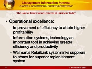 • Operational excellence:
–Improvement of efficiency to attain higher
profitability
–Information systems,technologyan
important tool in achievinggreater
efficiency and productivity
–Walmart’s RetailLinksystemlinkssuppliers
to storesfor superiorreplenishment
system
8 © Prentice Hall 2011
ManagementInformation Systems
CHAPTER1: INFORMATIONIN BUSINESSSYSTEMSTODA
Y
TheRoleofInformationSystemsinBusiness Today
 