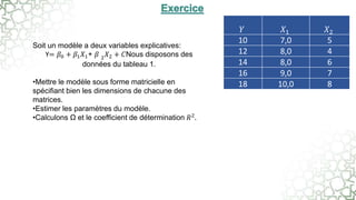 𝑌 𝑋1 𝑋2
10 7,0 5
12 8,0 4
14 8,0 6
16 9,0 7
18 10,0 8
Soit un modèle a deux variables explicatives:
Y= 𝛽0 + 𝛽1𝑋1+ 𝛽 2𝑋2 + 𝐶Nous disposons des
données du tableau 1.
•Mettre le modèle sous forme matricielle en
spécifiant bien les dimensions de chacune des
matrices.
•Estimer les paramètres du modèle.
•Calculons Ω et le coefficient de détermination 𝑅2.
 