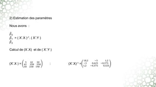 2) Estimation des paramètres
Nous avons :
𝛽0
𝛽1 = ( X’.X )-1. ( X’.Y )
𝛽2
Calcul de (X’.X) et de ( X’.Y )
(X’.X ) =
5 42 30
42 358 258
30 258 190
: (X’.X)-1 =
18,2 −3 1,2
−3 0,625 −0,375
1,2 −0,375 0,325
 