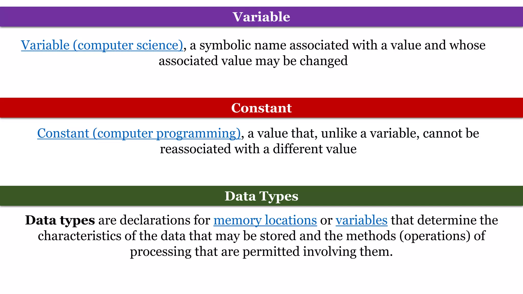 Data Types
Data types are declarations for memory locations or variables that determine the
characteristics of the data that may be stored and the methods (operations) of
processing that are permitted involving them.
Variable (computer science), a symbolic name associated with a value and whose
associated value may be changed
Variable
Constant (computer programming), a value that, unlike a variable, cannot be
reassociated with a different value
Constant
 