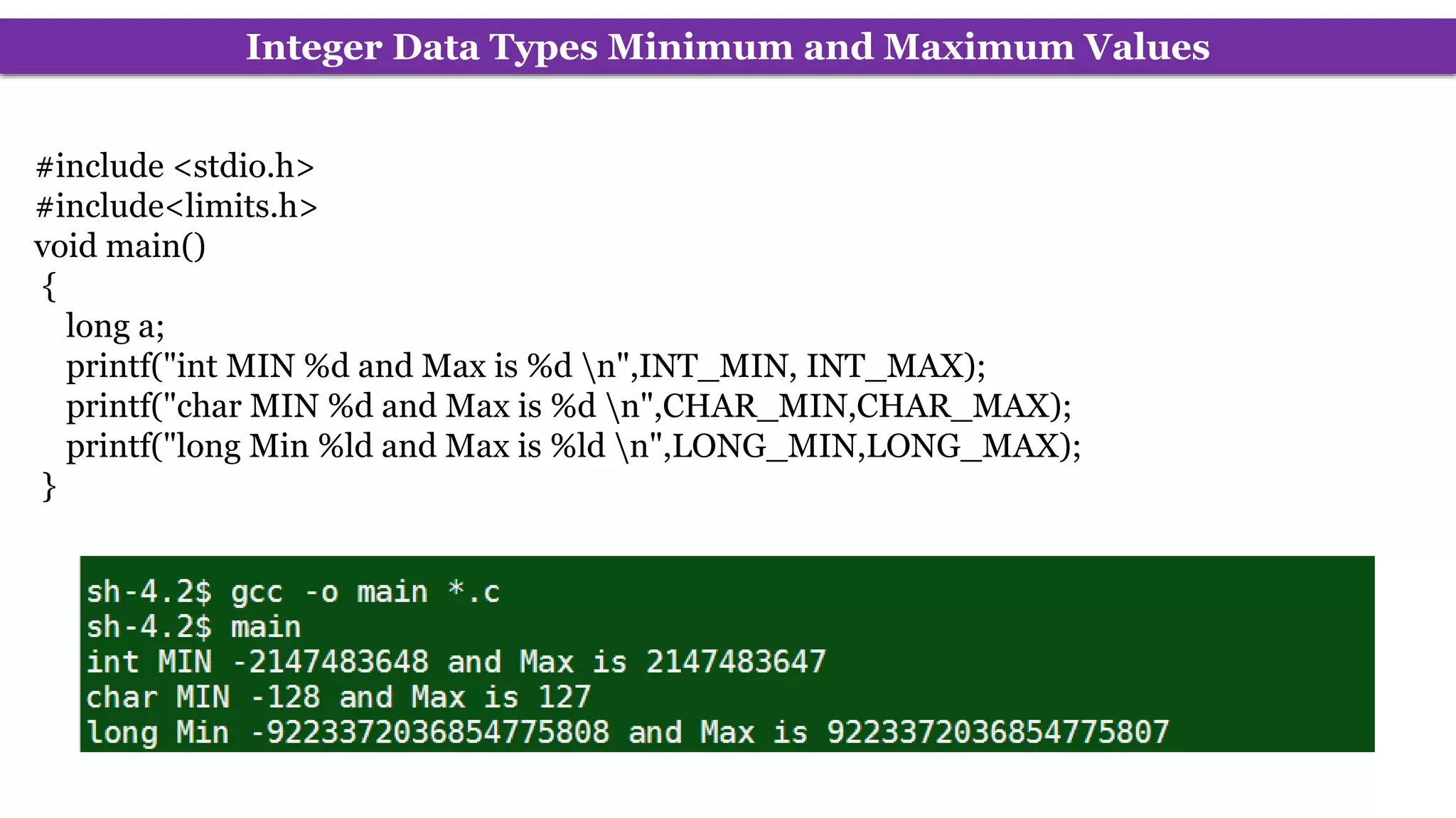 Integer Data Types Minimum and Maximum Values
#include <stdio.h>
#include<limits.h>
void main()
{
long a;
printf("int MIN %d and Max is %d n",INT_MIN, INT_MAX);
printf("char MIN %d and Max is %d n",CHAR_MIN,CHAR_MAX);
printf("long Min %ld and Max is %ld n",LONG_MIN,LONG_MAX);
}
 