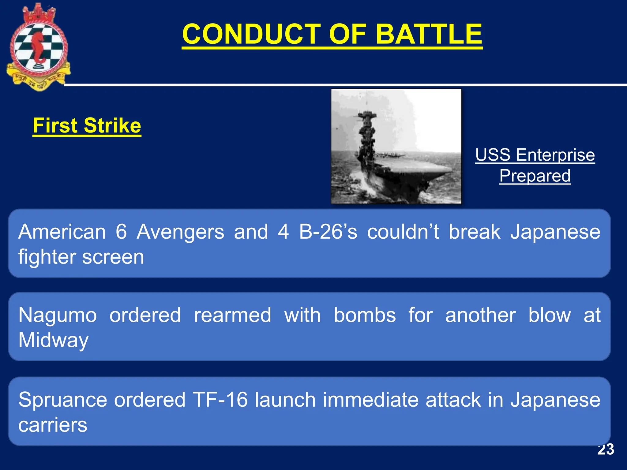 23
American 6 Avengers and 4 B-26’s couldn’t break Japanese
fighter screen
Nagumo ordered rearmed with bombs for another blow at
Midway
CONDUCT OF BATTLE
Spruance ordered TF-16 launch immediate attack in Japanese
carriers
First Strike
USS Enterprise
Prepared
 