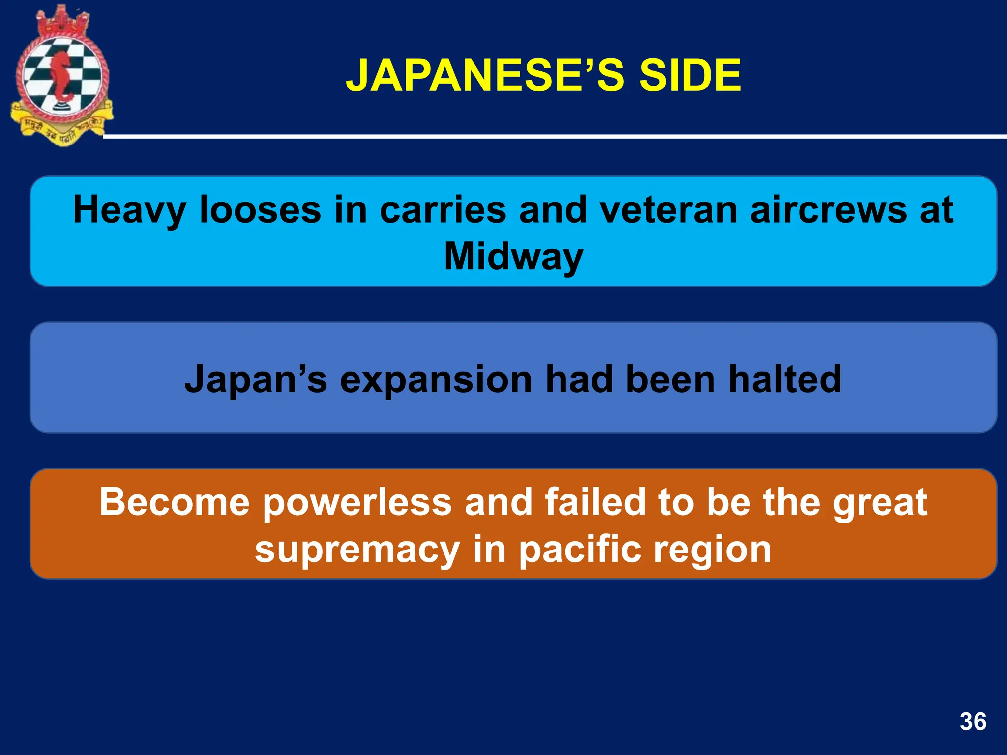 36
Heavy looses in carries and veteran aircrews at
Midway
Japan’s expansion had been halted
JAPANESE’S SIDE
Become powerless and failed to be the great
supremacy in pacific region
 
