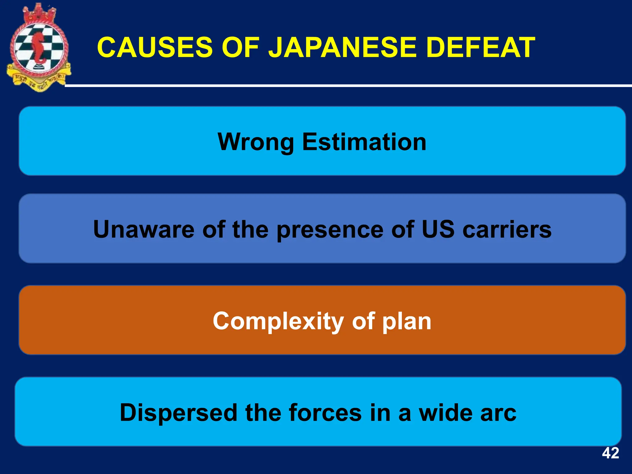 42
Wrong Estimation
Unaware of the presence of US carriers
CAUSES OF JAPANESE DEFEAT
Complexity of plan
Dispersed the forces in a wide arc
 