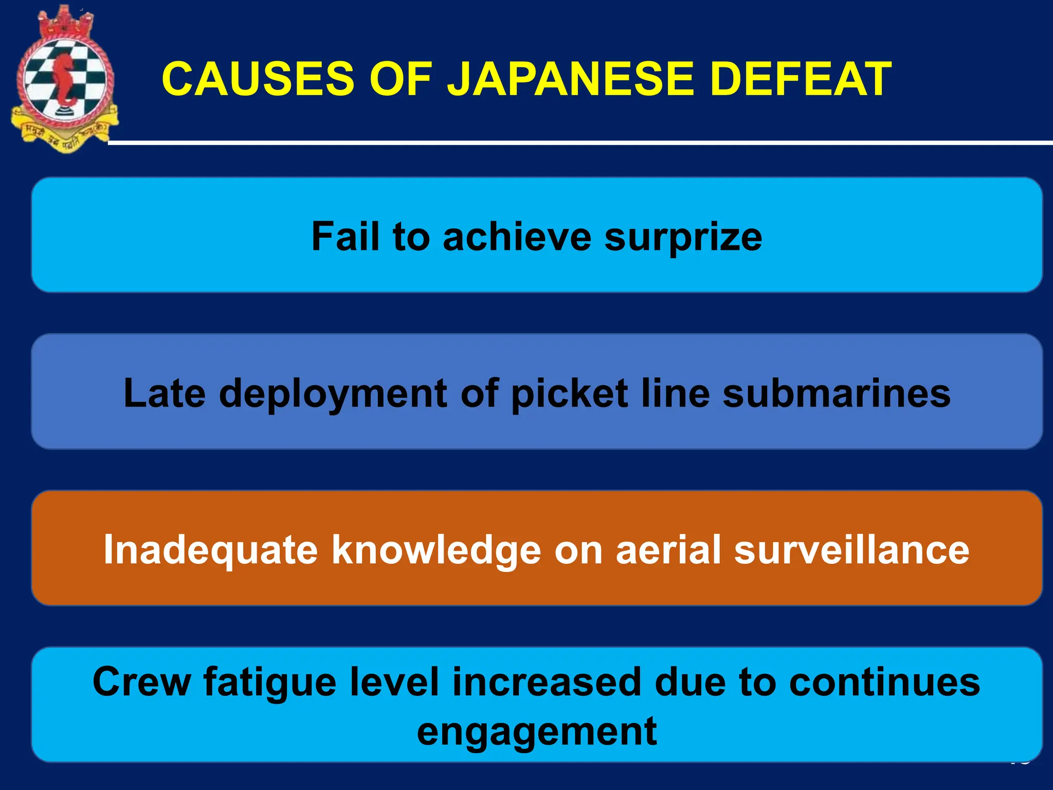 43
Fail to achieve surprize
Late deployment of picket line submarines
CAUSES OF JAPANESE DEFEAT
Inadequate knowledge on aerial surveillance
Crew fatigue level increased due to continues
engagement
 