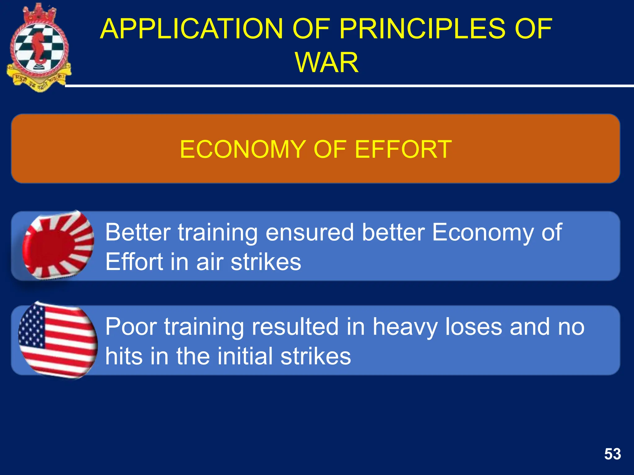 53
ECONOMY OF EFFORT
Poor training resulted in heavy loses and no
hits in the initial strikes
Better training ensured better Economy of
Effort in air strikes
APPLICATION OF PRINCIPLES OF
WAR
 