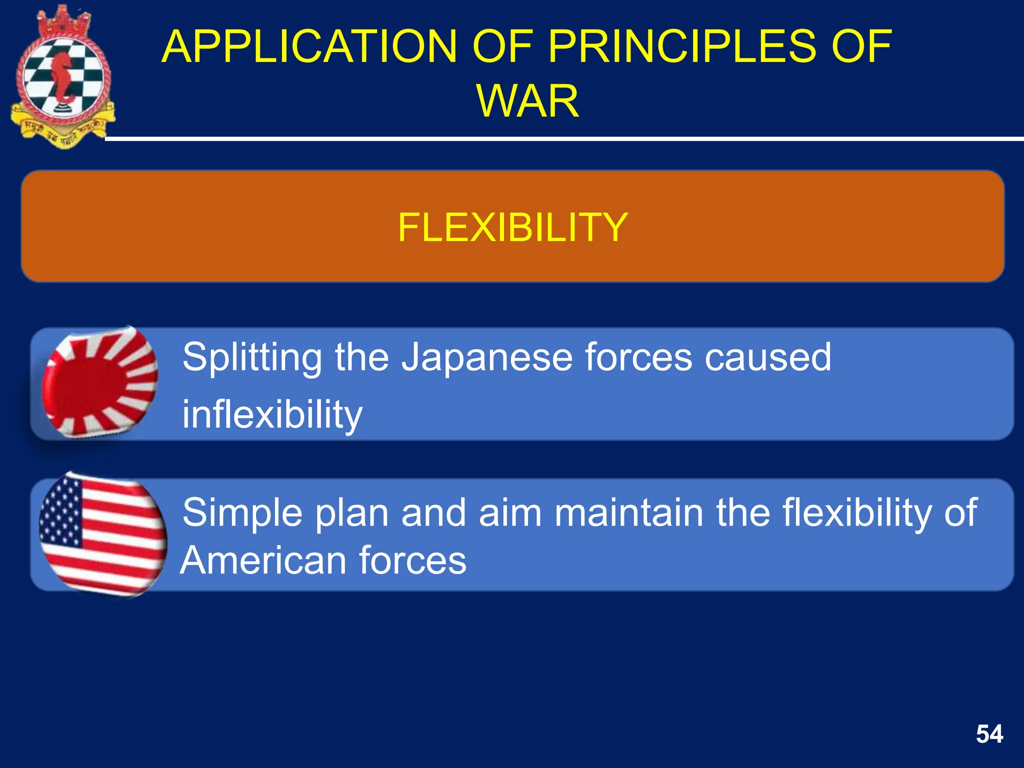 54
Splitting the Japanese forces caused
inflexibility
Simple plan and aim maintain the flexibility of
American forces
FLEXIBILITY
APPLICATION OF PRINCIPLES OF
WAR
 