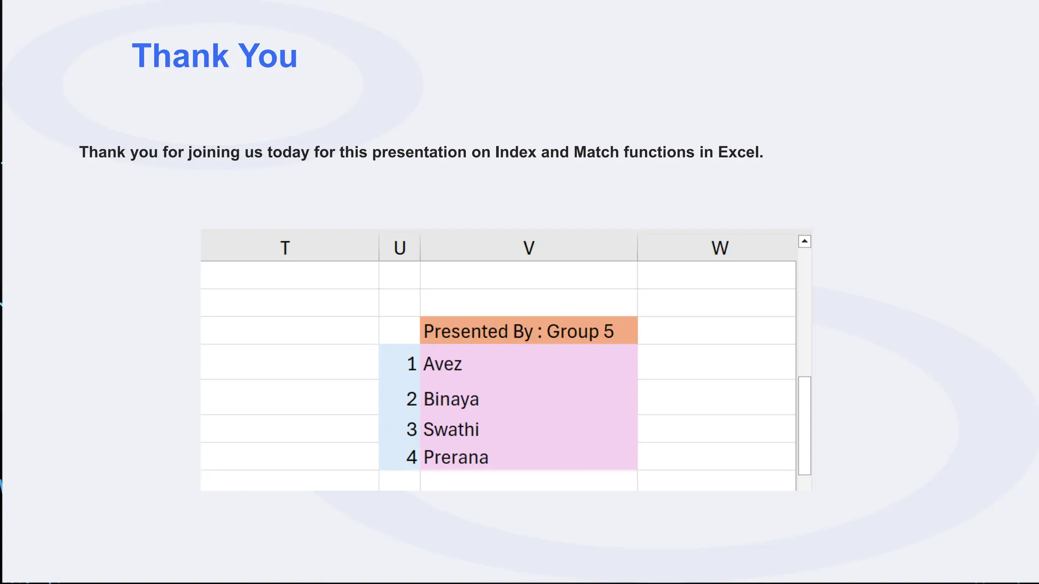 Thank You
Thank you for joining us today for this presentation on Index and Match functions in Excel.
 