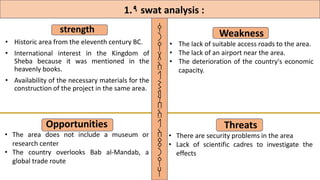 strength
• Historic area from the eleventh century BC.
• International interest in the Kingdom of
Sheba because it was mentioned in the
heavenly books.
• Availability of the necessary materials for the
construction of the project in the same area.
Weakness
• The lack of suitable access roads to the area.
• The lack of an airport near the area.
• The deterioration of the country's economic
capacity.
Opportunities
• The area does not include a museum or
research center
• The country overlooks Bab al-Mandab, a
global trade route
Threats
• There are security problems in the area
• Lack of scientific cadres to investigate the
effects
1.9 swat analysis :
‫ق‬
‫ر‬
‫ي‬
‫ة‬
‫ا‬
‫ل‬
‫ش‬
‫م‬
‫س‬
‫ا‬
‫ل‬
‫ا‬
‫ث‬
‫ر‬
‫ي‬
‫ه‬
 
