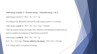 Total energy at point A = Pressure energy + Potential energy + K. E
Total energy at point A = PaV + XA + UA2 / 2g
According to the Bernoulli's theorem the total energy at point A is constant
Total energy at point A = PAV +XA + (UA2 / 2g) = Constant
After the system reaches the steady state, whenever one kilogram of liquid enters at
point A, another one kilogram of liquid leaves at point B
Total energy at point B = PBV +XB + UB2 / 2g
PAV +XA + (UA2/2g) + Energy added by the pump = PBV +XB + (UB2/2g)
V is volume and it is reciprocal of density.
 