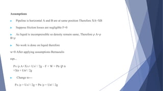 Assumptions
▶ Pipeline is horizontal A and B are at same position Therefore XA=XB
▶ Suppose friction losses are negligible F=0
▶ As liquid is incompressible so density remain same, Therefore ρ A=ρ
B=ρ
▶ No work is done on liquid therefore
w=0 After applying assumptions Bernaoulis
eqn...
PA /ρ A+XA+ UA2 / 2g – F + W = PB /ρ B
+XB + UB2 / 2g
▶ Change to---
PA /ρ + UA2 / 2g = PB /ρ + UB2 / 2g
 