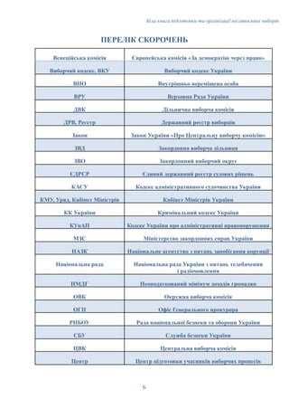 Біла книга підготовки та організації післявоєнних виборів
ПЕРЕЛІК СКОРОЧЕНЬ
Венеційська комісія Європейська комісія «За демократію через право»
Виборчий кодекс, ВКУ Виборчий кодекс України
ВПО Внутрішньо переміщена особа
ВРУ Верховна Рада України
ДВК Дільнична виборча комісія
ДРВ, Реєстр Державний реєстр виборців
Закон Закон України «Про Центральну виборчу комісію»
ЗВД Закордонна виборча дільниця
ЗВО Закордонний виборчий округ
ЄДРСР Єдиний державний реєстр судових рішень
КАСУ Кодекс адміністративного судочинства України
КМУ, Уряд, Кабінет Міністрів Кабінет Міністрів України
КК України Кримінальний кодекс України
КУпАП Кодекс України про адміністративні правопорушення
МЗС Міністерство закордонних справ України
НАЗК Національне агентство з питань запобігання корупції
Національна рада Національна рада України з питань телебачення
і радіомовлення
НМДГ Неоподаткований мінімум доходів громадян
ОВК Окружна виборча комісія
ОГП Офіс Генерального прокурора
РНБОУ Рада національної безпеки та оборони України
СБУ Служба безпеки України
ЦВК Центральна виборча комісія
Центр Центр підготовки учасників виборчих процесів
6
 
