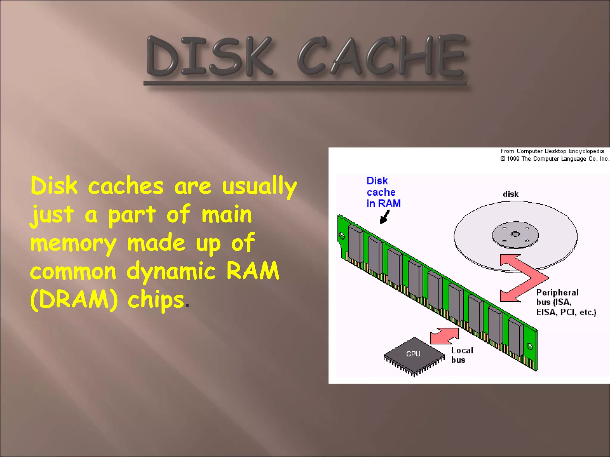 Disk caches are usually
just a part of main
memory made up of
common dynamic RAM
(DRAM) chips.
 