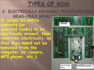 2. ELECTRICALLY ERASABLE PROGRAMMABLE
READ-ONLY MEMORY (EEPROM)
It allows its entire
contents (or
selected banks) to be
electrically erased, then
rewritten electrically, so
that they need not be
removed from the
computer (or camera,
MP3 player, etc.)
 
