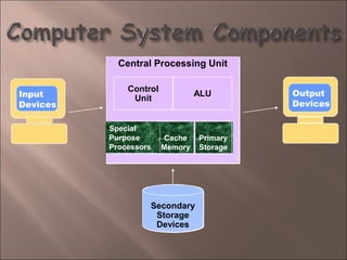Central Processing UnitCentral Processing Unit
Output
Devices
Cache
Memory
Primary
Storage
Secondary
Storage
Devices
Control
Unit
ALU
Special
Purpose
Processors
Output
Devices
Input
Devices
 