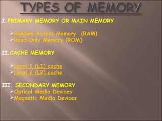 I.PRIMARY MEMORY OR MAIN MEMORY
Random Access Memory (RAM)
Read Only Memory (ROM)
II.CACHE MEMORY
Level 1 (L1) cache
Level 2 (L2) cache
III. SECONDARY MEMORY
Optical Media Devices
Magnetic Media Devices
 