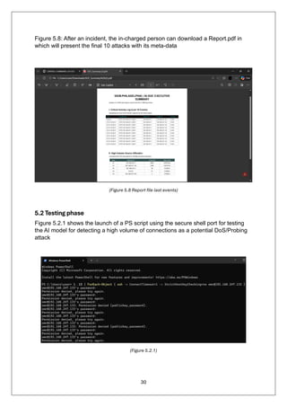 30
Figure 5.8: After an incident, the in-charged person can download a Report.pdf in
which will present the final 10 attacks with its meta-data
(Figure 5.8 Report file last events)
5.2 Testing phase
Figure 5.2.1 shows the launch of a PS script using the secure shell port for testing
the AI model for detecting a high volume of connections as a potential DoS/Probing
attack
(Figure 5.2.1)
 