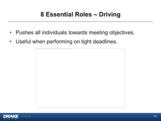 8 Essential Roles – Driving

• Pushes all individuals towards meeting objectives.
• Useful when performing on tight deadlines.




                                                       14
 