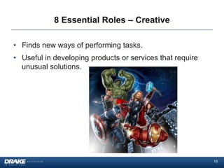 8 Essential Roles – Creative

• Finds new ways of performing tasks.
• Useful in developing products or services that require
  unusual solutions.




                                                           15
 