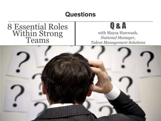 Questions

8 Essential Roles               Q&A
 Within Strong             with Maysa Hawwash,
                            National Manager,
     Teams             Talent Management Solutions




                                                     29
 