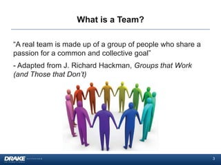What is a Team?

“A real team is made up of a group of people who share a
passion for a common and collective goal”
- Adapted from J. Richard Hackman, Groups that Work
(and Those that Don’t)




                                                           3
 