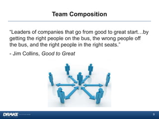 Team Composition

“Leaders of companies that go from good to great start…by
getting the right people on the bus, the wrong people off
the bus, and the right people in the right seats.”
- Jim Collins, Good to Great




                                                            9
 