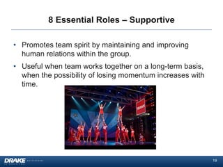 8 Essential Roles – Supportive
• Promotes team spirit by maintaining and improving
human relations within the group.
• Useful when team works together on a long-term basis,
when the possibility of losing momentum increases with
time.

19

 