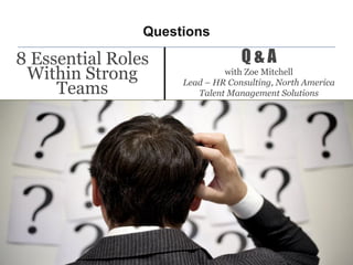 Questions

8 Essential Roles
Within Strong
Teams

Q&A
with Zoe Mitchell
Lead – HR Consulting, North America
Talent Management Solutions

27

 