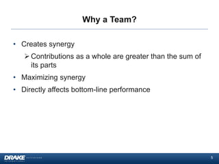 Why a Team?
• Creates synergy
 Contributions as a whole are greater than the sum of
its parts

• Maximizing synergy
• Directly affects bottom-line performance

5

 
