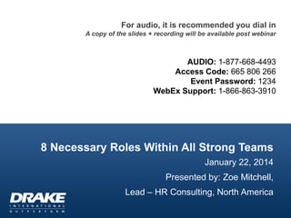 For audio, it is recommended you dial in
A copy of the slides + recording will be available post webinar

AUDIO: 1-877-668-4493
Access Code: 665 806 266
Event Password: 1234
WebEx Support: 1-866-863-3910

8 Necessary Roles Within All Strong Teams
January 22, 2014

Presented by: Zoe Mitchell,
Lead – HR Consulting, North America

 