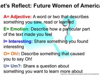 A= Adjective: A word or two that describes
something you saw, read or learned
E= Emotion: Describe how a particular part
of the text made you feel
I= Interesting: Share something you found
interesting
O= Oh!: Describe something that caused
you to say Oh!
U= Um?: Share a question about
something you want to learn more aboutImage Source: http://pixabay.com/en/question-problem-think-thinking-622164/
Let’s Reflect: Future Women of America
 