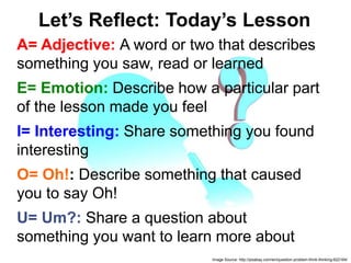 A= Adjective: A word or two that describes
something you saw, read or learned
E= Emotion: Describe how a particular part
of the lesson made you feel
I= Interesting: Share something you found
interesting
O= Oh!: Describe something that caused
you to say Oh!
U= Um?: Share a question about
something you want to learn more about
Image Source: http://pixabay.com/en/question-problem-think-thinking-622164/
Let’s Reflect: Today’s Lesson
 