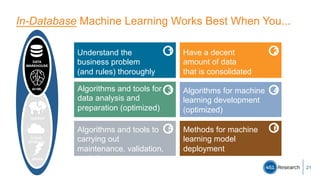 In-Database Machine Learning Works Best When You...
21
Understand the
business problem
(and rules) thoroughly
Have a decen...