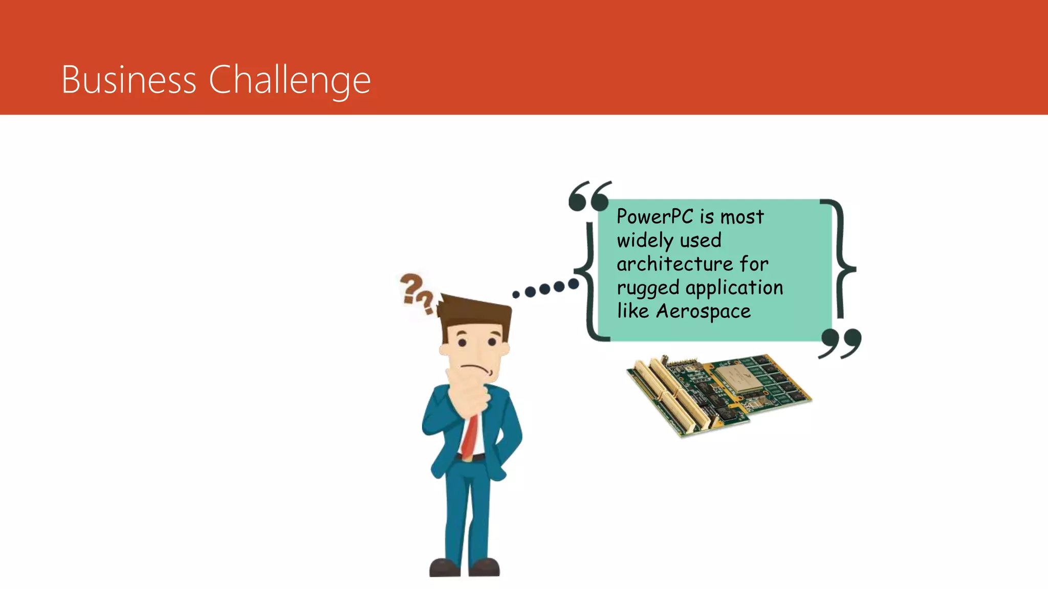 Business Challenge
PowerPC is most
widely used
architecture for
rugged application
like Aerospace
 