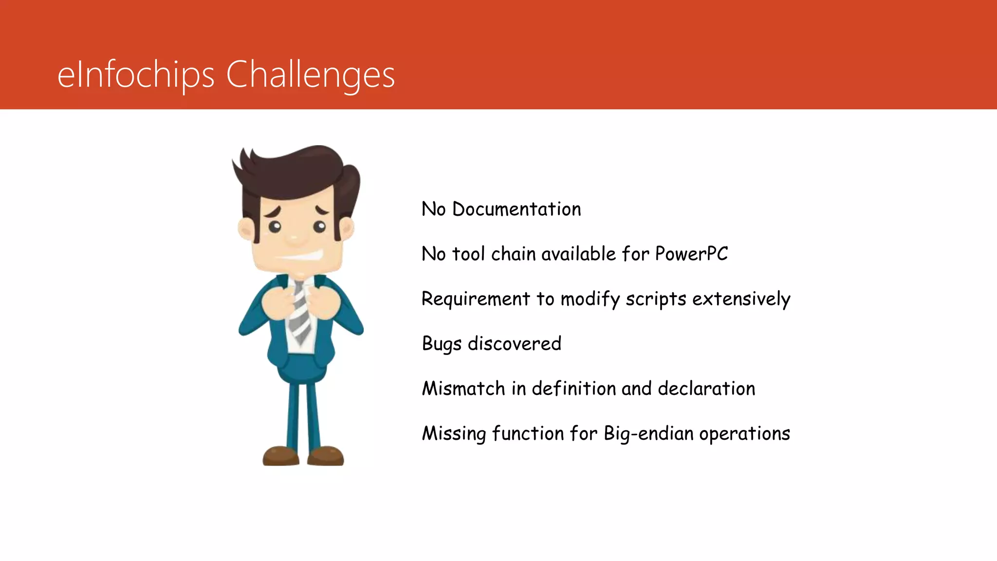 eInfochips Challenges
No Documentation
No tool chain available for PowerPC
Requirement to modify scripts extensively
Bugs discovered
Mismatch in definition and declaration
Missing function for Big-endian operations
 