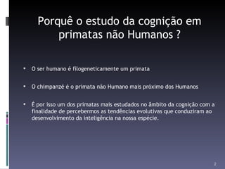 Porquê o estudo da cognição em primatas não Humanos ? O ser humano é filogeneticamente um primata  O chimpanzé é o primata não Humano mais próximo dos Humanos É por isso um dos primatas mais estudados no âmbito da cognição com a finalidade de percebermos as tendências evolutivas que conduziram ao desenvolvimento da inteligência na nossa espécie.  
