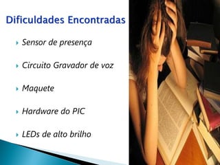    Sensor de presença

   Circuito Gravador de voz

   Maquete

   Hardware do PIC

   LEDs de alto brilho
 