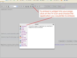 To embed a widget into your page, click on the TV icon and choose the application you would like to embed.  